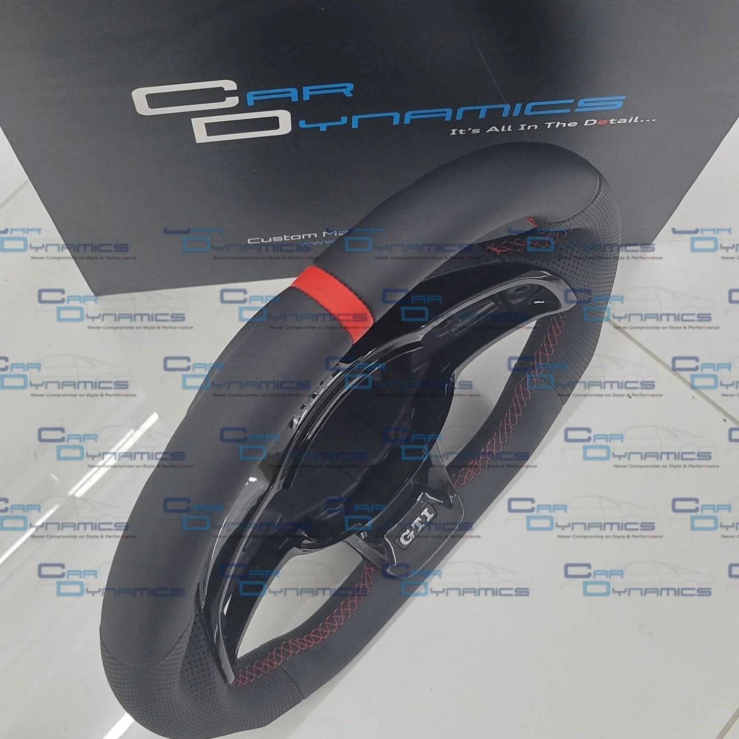 VolkswagenCustomLeatherFlatBottomSteeringWheelMK7.5TornadoRedGTIEditionWithBlackedOutTrimCarDynamics_2 - Car Dynamics