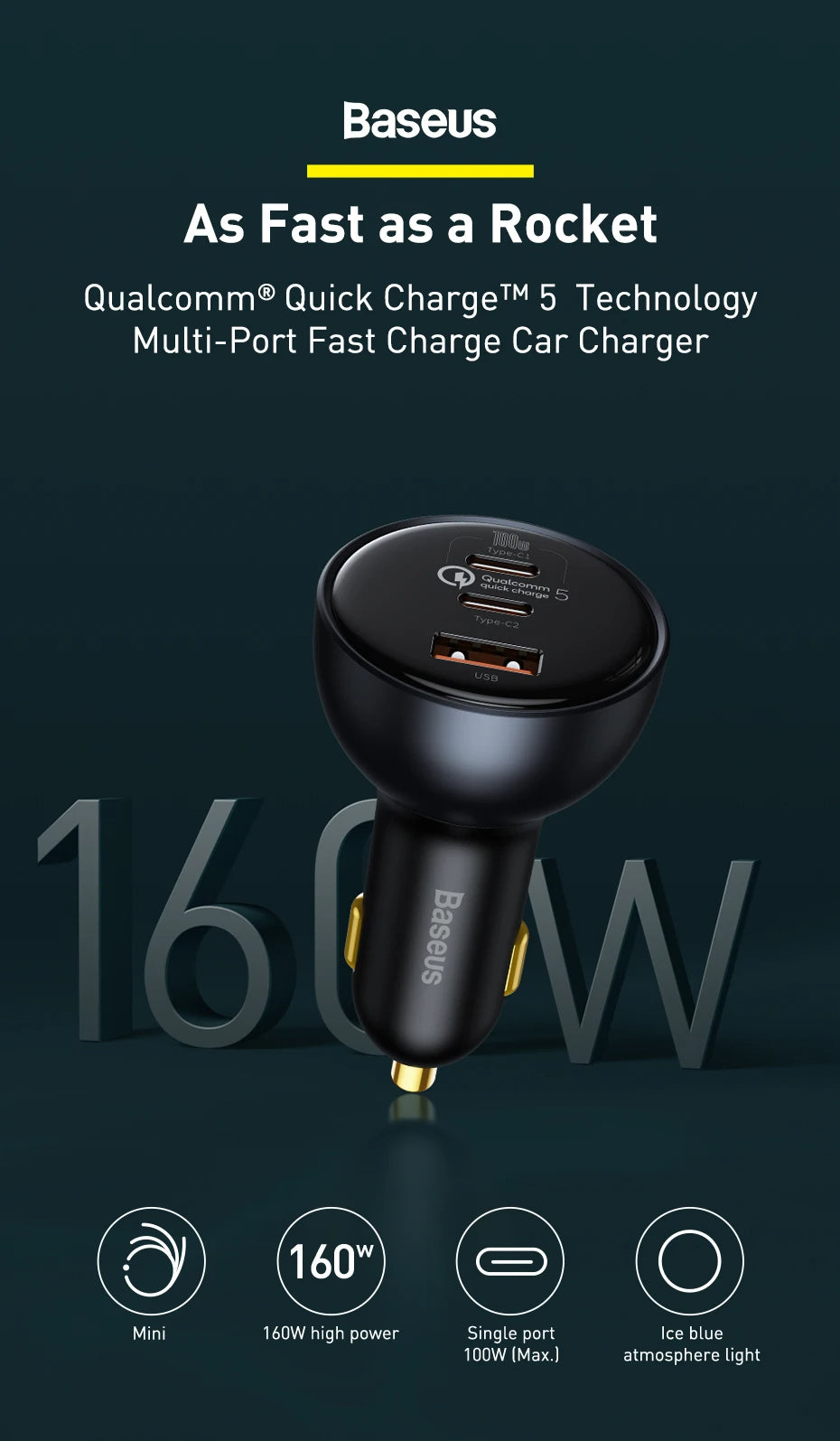 Baseus 160W Car Charger | USB & USB-C | Qualcomm 5.0, PD3.0, PPS Fast Charging image 9
