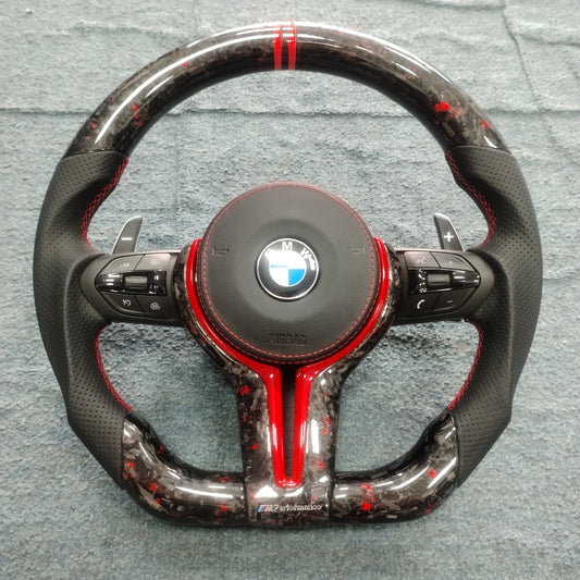 BMW Red Forged Carbon Perforated Leather Flat Bottom Steering Wheel image 0