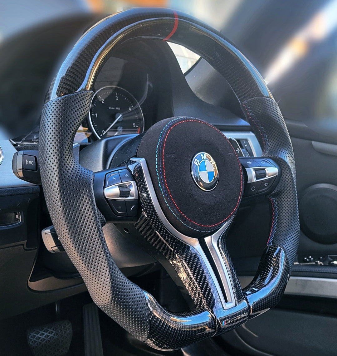 BMW Custom Carbon Fibre Perforated Leather Steering Wheel Flat Bottom F-Series image 1