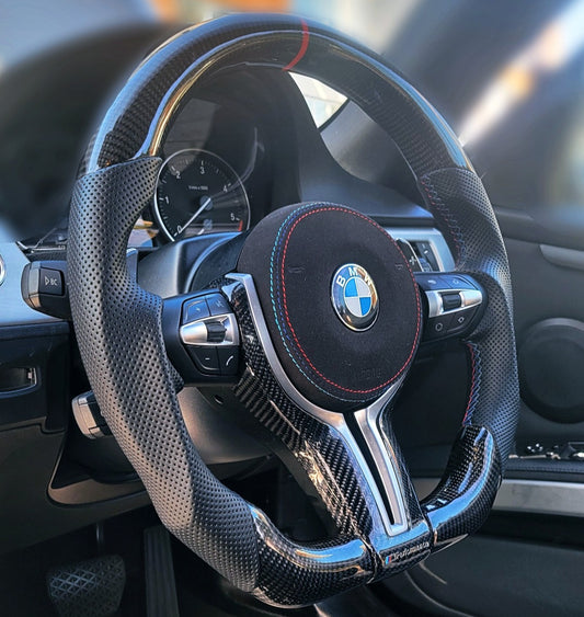 BMW Custom Carbon Fibre Perforated Leather Steering Wheel Flat Bottom F-Series image 1