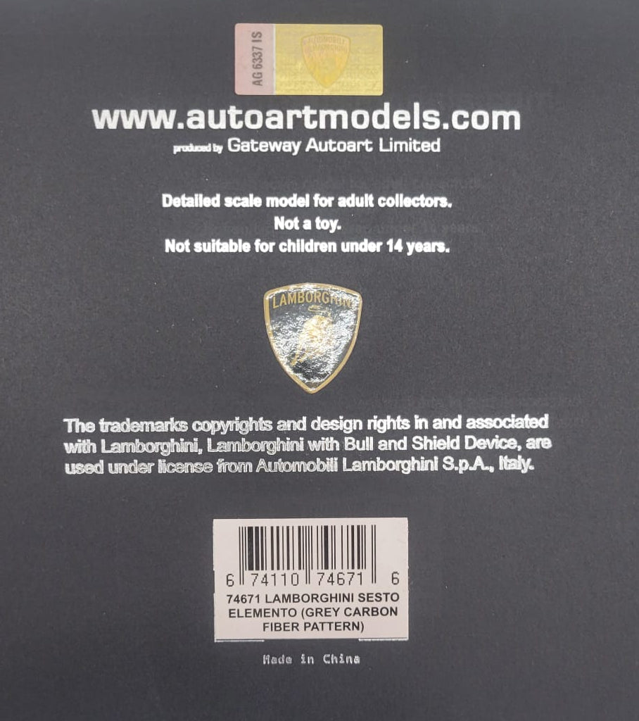 AUTOart 1:18 Lamborghini Sesto Elemento ( Grey Carbon Fiber Pattern ) With Alcantara Base & Plaque | 74671