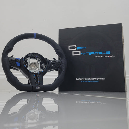 BMW Custom Leather Steering Wheel Flat Bottom | Estoril Blue Forged Carbon Fibre Edition | F-Series
