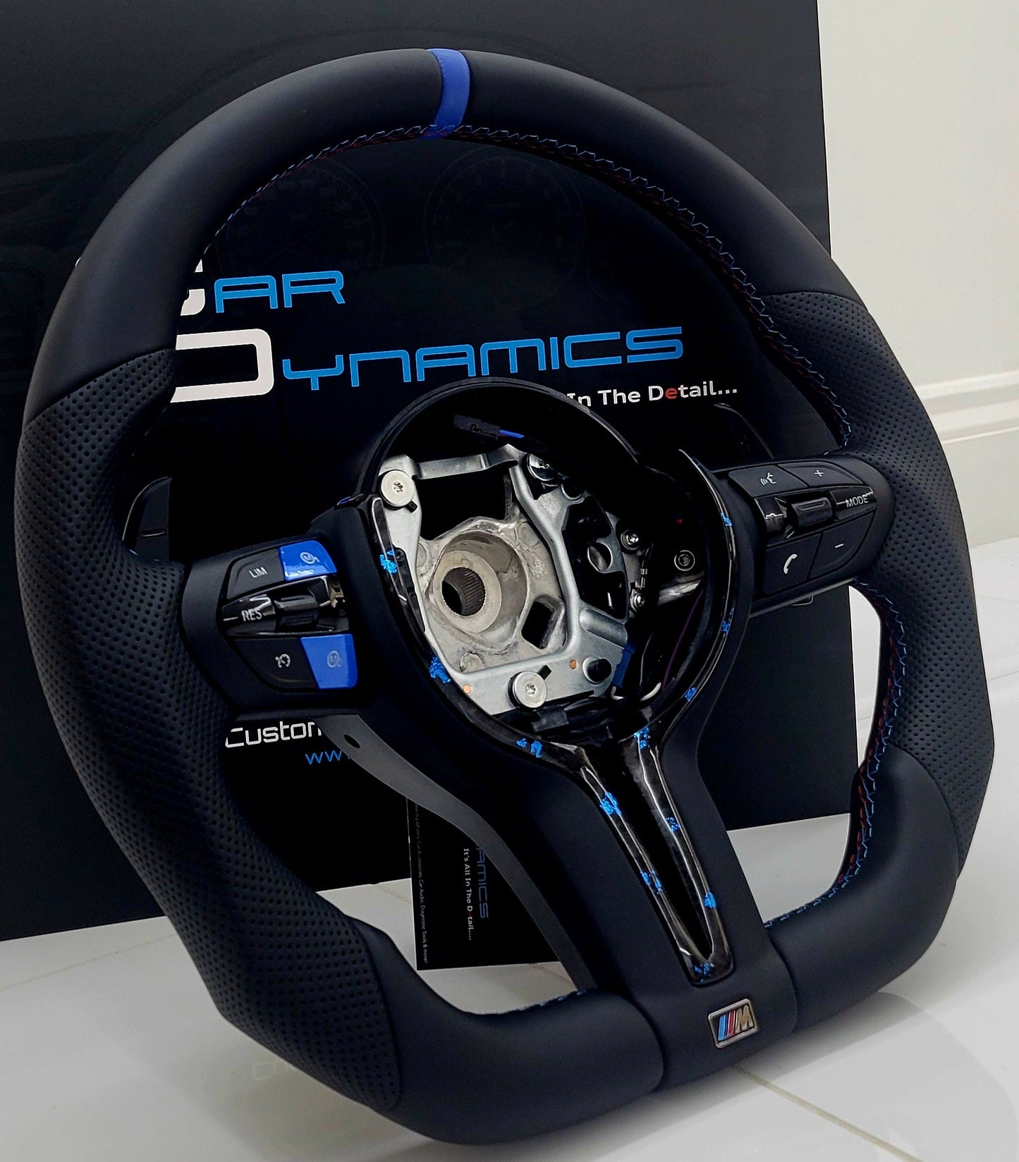 BMW Custom Leather Steering Wheel Flat Bottom | Estoril Blue Forged Carbon Fibre Edition | F-Series