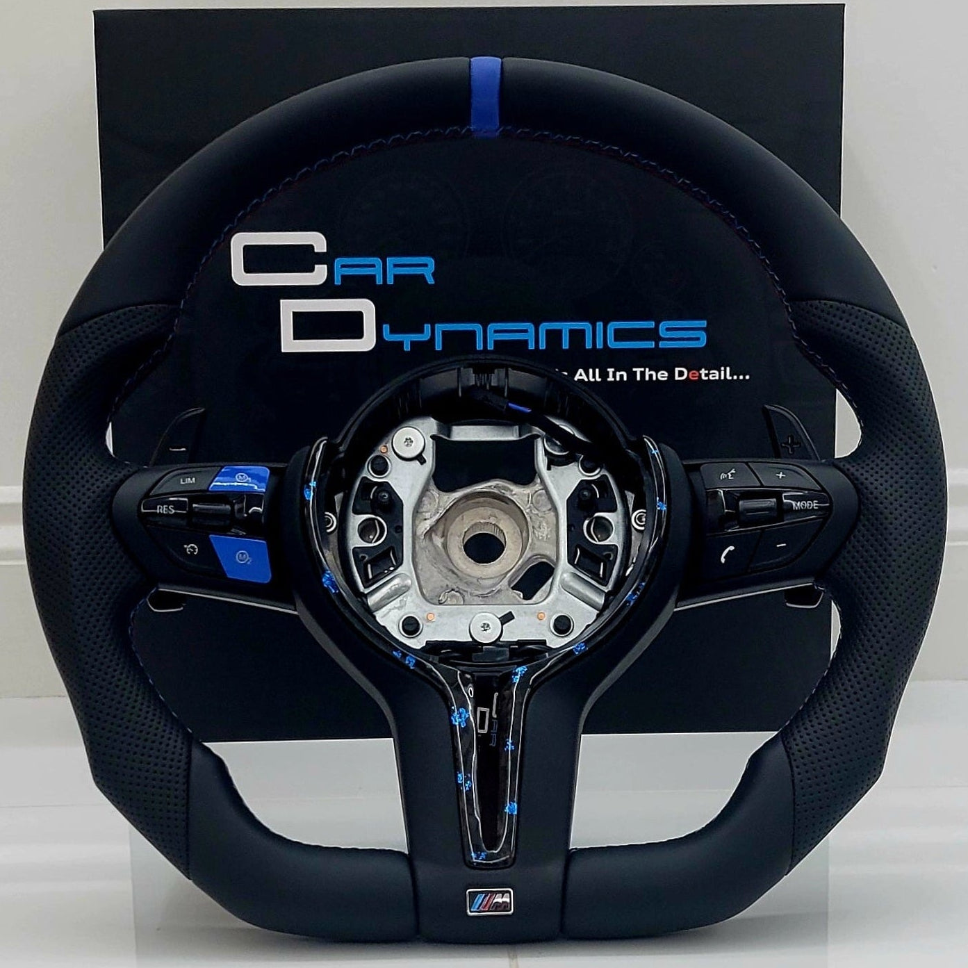 BMW Custom Leather Steering Wheel Flat Bottom | Estoril Blue Forged Carbon Fibre Edition | F-Series