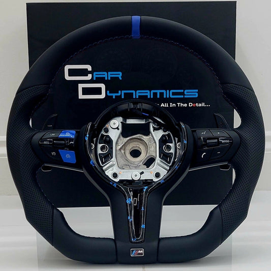 BMW Custom Leather Steering Wheel Flat Bottom | Estoril Blue Forged Carbon Fibre Edition | F-Series