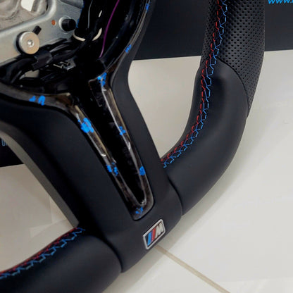 BMW Custom Leather Steering Wheel Flat Bottom | Estoril Blue Forged Carbon Fibre Edition | F-Series