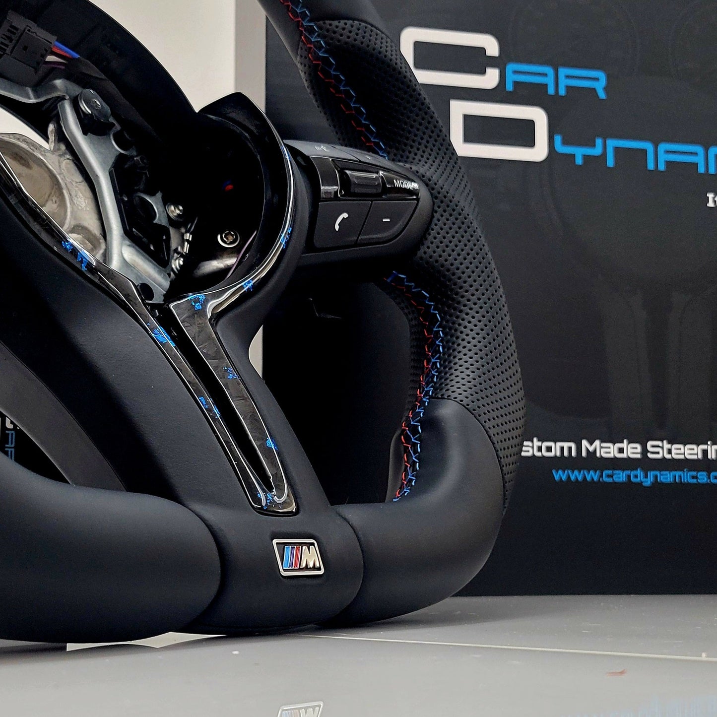 BMW Custom Leather Steering Wheel Flat Bottom | Estoril Blue Forged Carbon Fibre Edition | F-Series