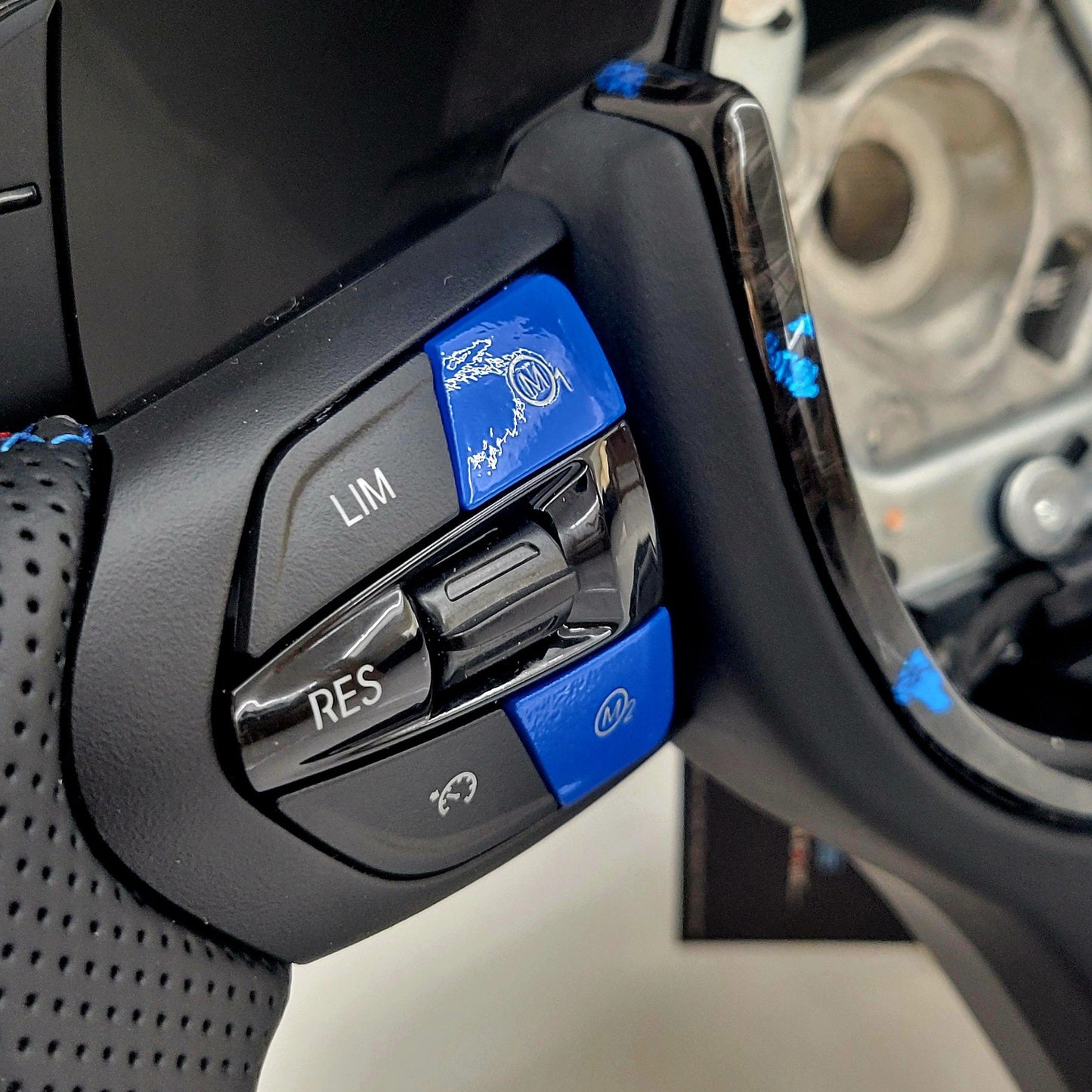 BMW Custom Leather Steering Wheel Flat Bottom | Estoril Blue Forged Carbon Fibre Edition | F-Series