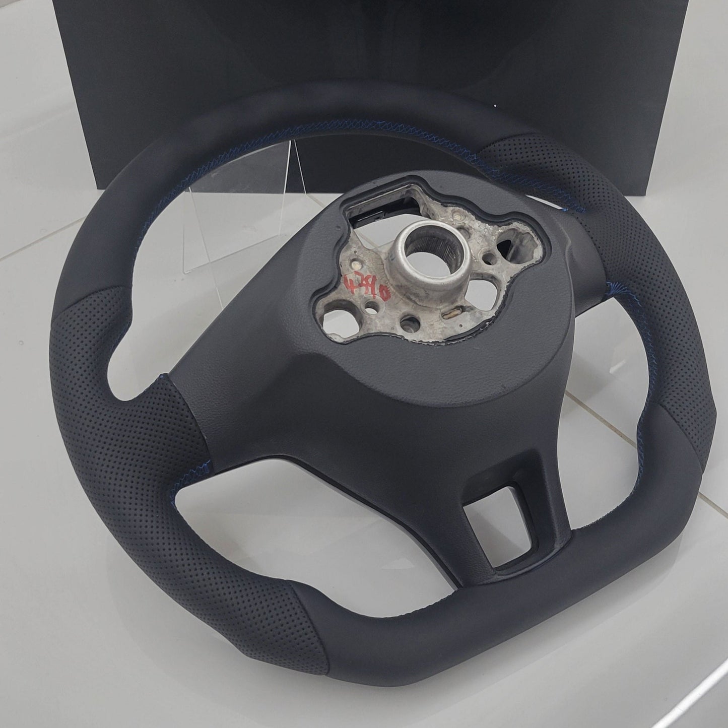 Volkswagen T6 Custom Carbon Fibre & Leather Flat Bottom Steering Wheel | Rising Blue Edition | T6 Transporter Non Multifunctional Version