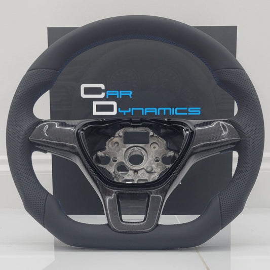Volkswagen T6 Custom Carbon Fibre & Leather Flat Bottom Steering Wheel | Rising Blue Edition | T6 Transporter Non Multifunctional Version