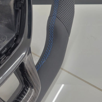 Volkswagen T6 Custom Carbon Fibre & Leather Flat Bottom Steering Wheel | Rising Blue Edition | T6 Transporter Non Multifunctional Version