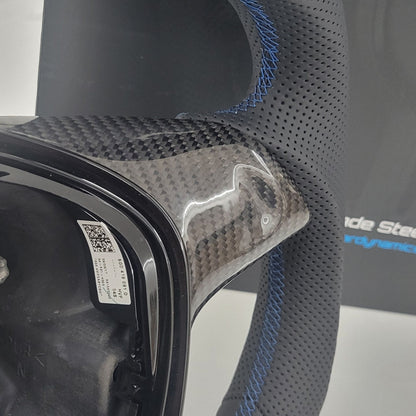 Volkswagen T6 Custom Carbon Fibre & Leather Flat Bottom Steering Wheel | Rising Blue Edition | T6 Transporter Non Multifunctional Version