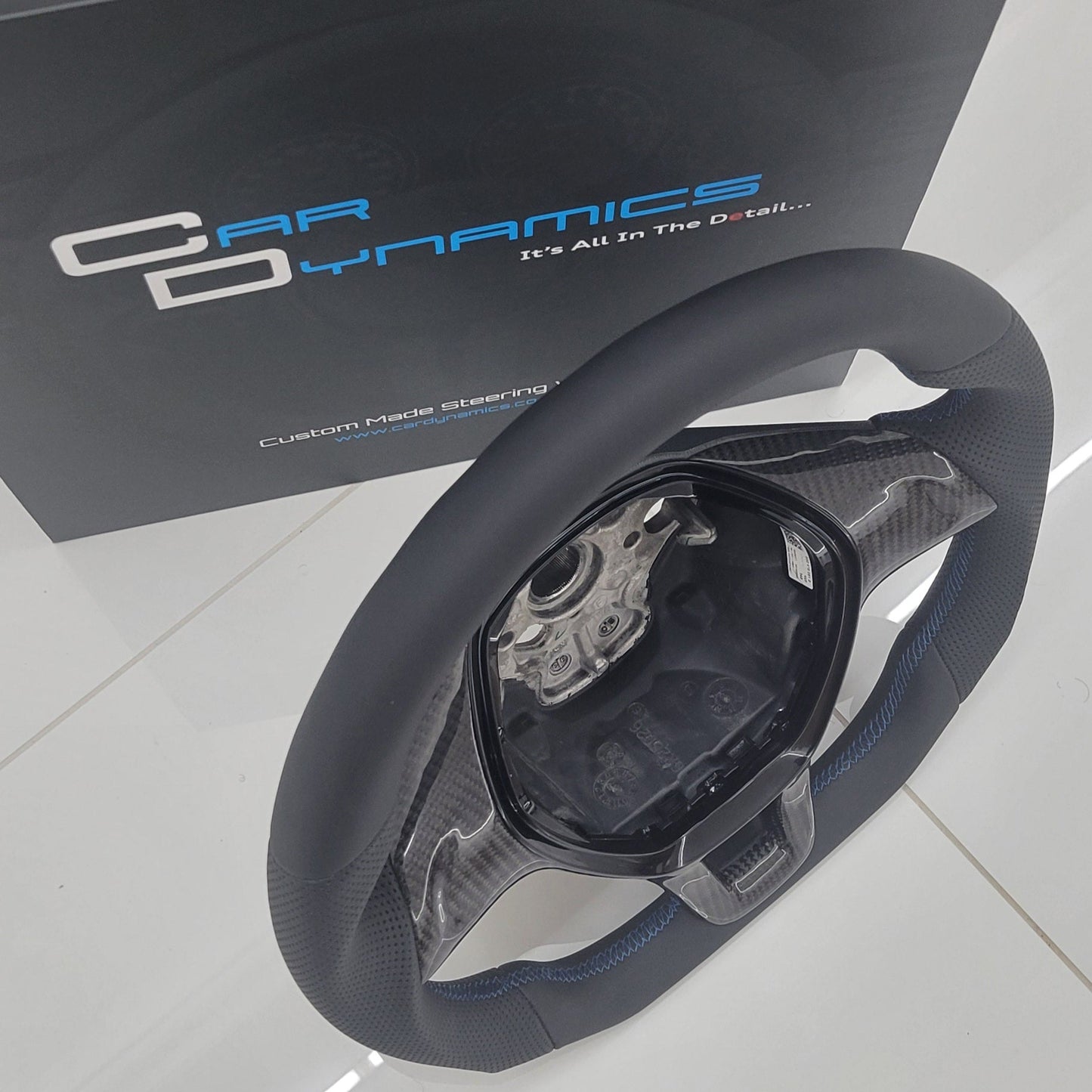 Volkswagen T6 Custom Carbon Fibre & Leather Flat Bottom Steering Wheel | Rising Blue Edition | T6 Transporter Non Multifunctional Version