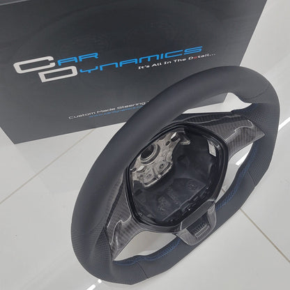 Volkswagen T6 Custom Carbon Fibre & Leather Flat Bottom Steering Wheel | Rising Blue Edition | T6 Transporter Non Multifunctional Version