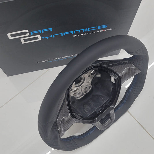 Volkswagen T6 Custom Carbon Fibre & Leather Flat Bottom Steering Wheel | Rising Blue Edition | T6 Transporter Non Multifunctional Version