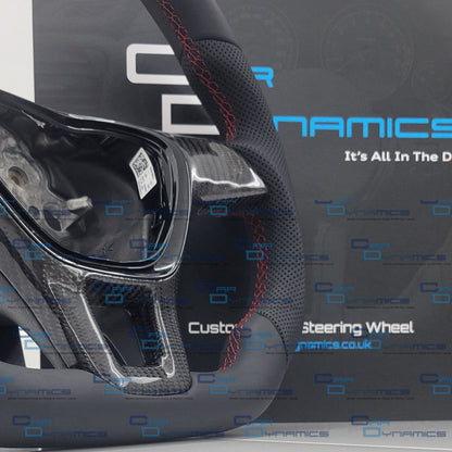 Volkswagen T6 Custom Carbon Fibre & Leather Flat Bottom Steering Wheel | Tornado Red Edition | T6 Transporter Non Multifunctional Version