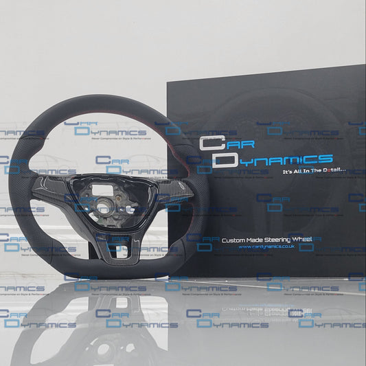 Volkswagen T6 Custom Carbon Fibre & Leather Flat Bottom Steering Wheel | Tornado Red Edition | T6 Transporter Non Multifunctional Version