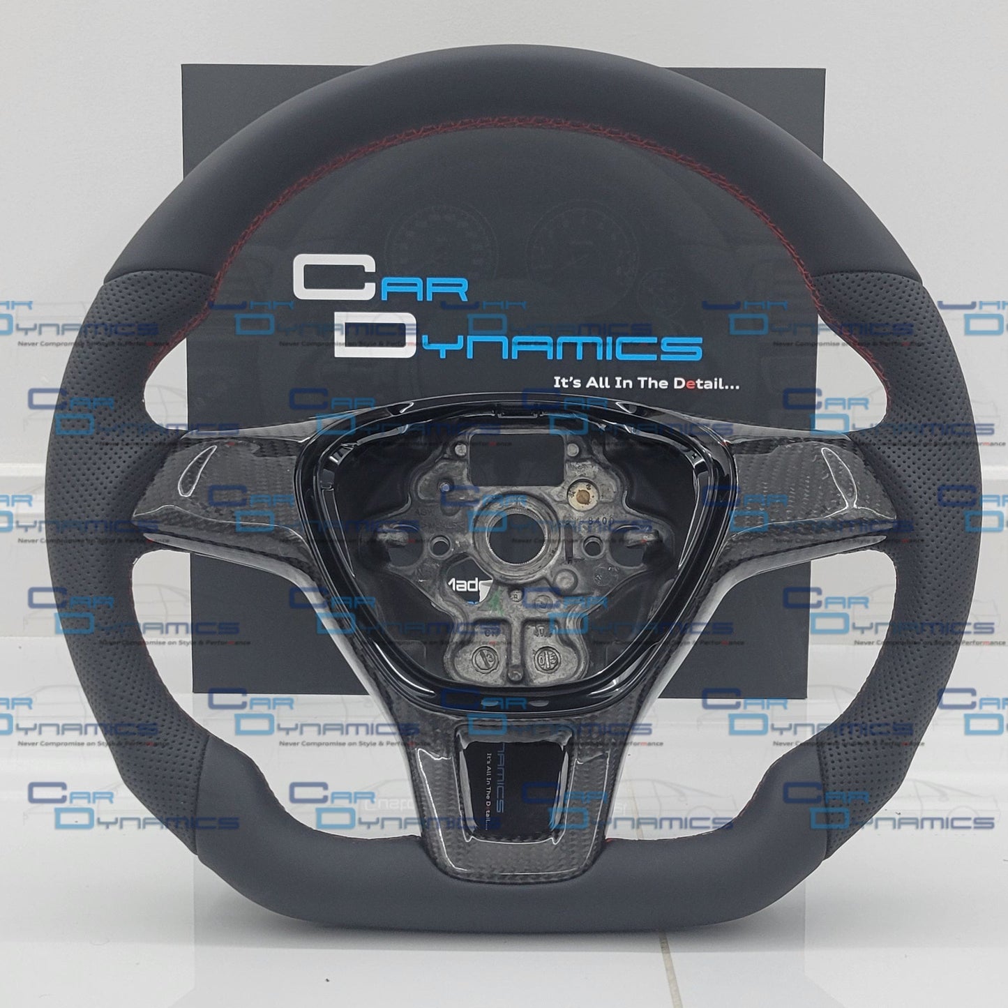 Volkswagen T6 Custom Carbon Fibre & Leather Flat Bottom Steering Wheel | Tornado Red Edition | T6 Transporter Non Multifunctional Version