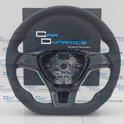Volkswagen T6 Custom Carbon Fibre & Leather Flat Bottom Steering Wheel | Tornado Red Edition | T6 Transporter Non Multifunctional Version