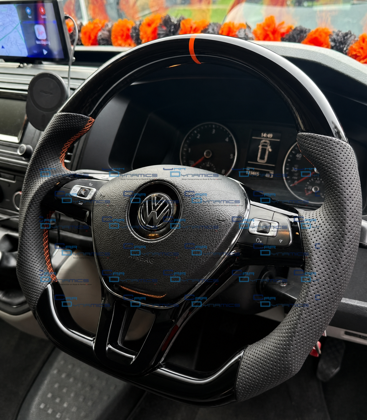Volkswagen T6 Piano Black & Leather Steering Wheel | RAC Orange Edition
