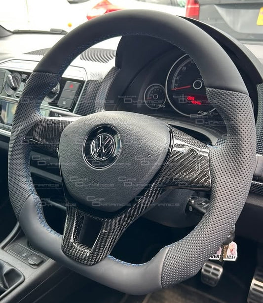 Volkswagen Up Carbon & Leather Flat Steering Wheel | Rising Blue Edition