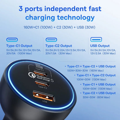 Baseus 160W Car Charger | USB & USB-C | Qualcomm 5.0, PD3.0, PPS Fast Charging image 3
