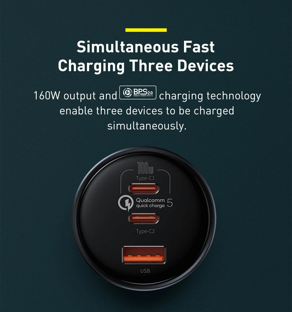 Baseus 160W Car Charger | USB & USB-C | Qualcomm 5.0, PD3.0, PPS Fast Charging image 8