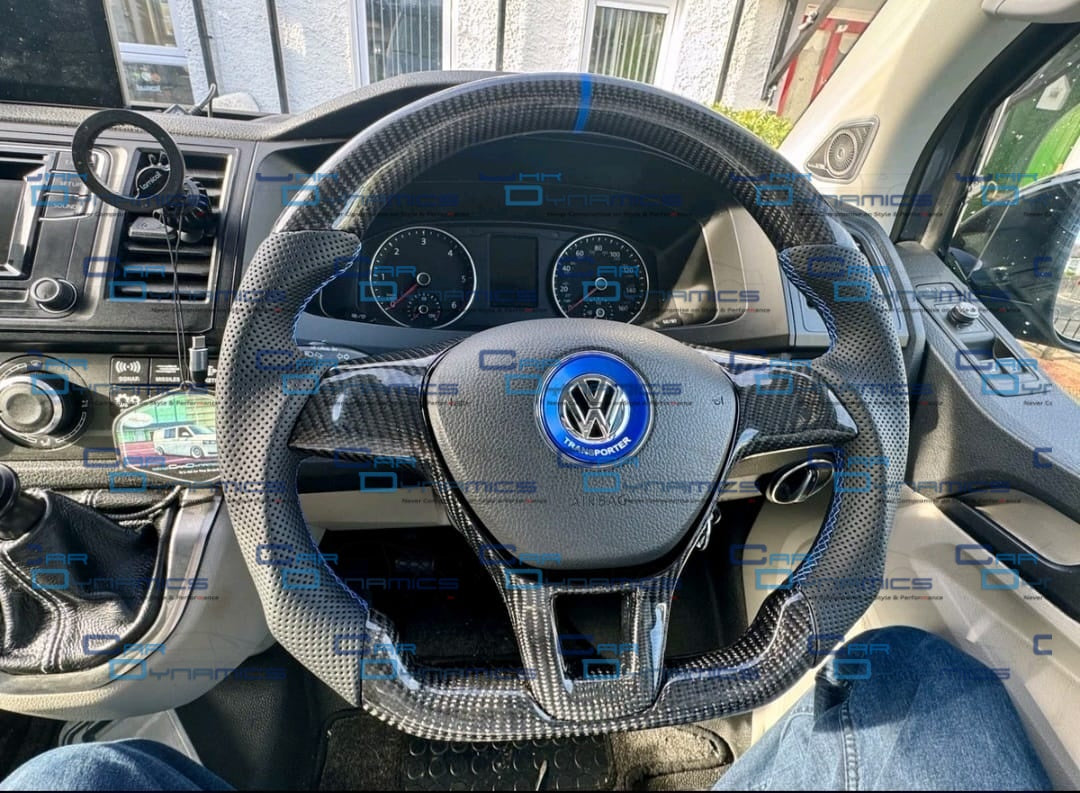 Volkswagen T6 Custom Carbon Fibre Flat Bottom Steering Wheel | Henry's Blue Edition , T6 Transporter Non Button Version